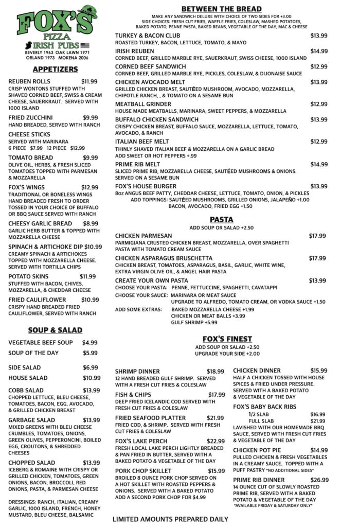 Orland Park Dinner Menu - Fox's Pizza and Irish Pub