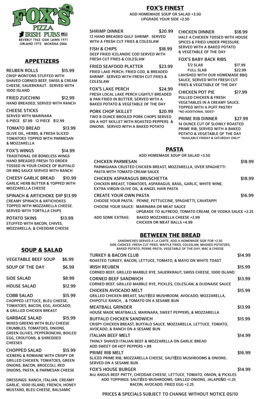 Orland Park Dinner Menu - Fox's Pizza and Irish Pub