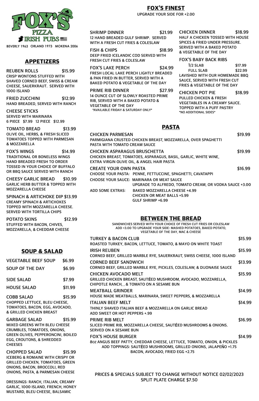 Mokena Dine-In Menu - Fox's Pizza and Irish Pub