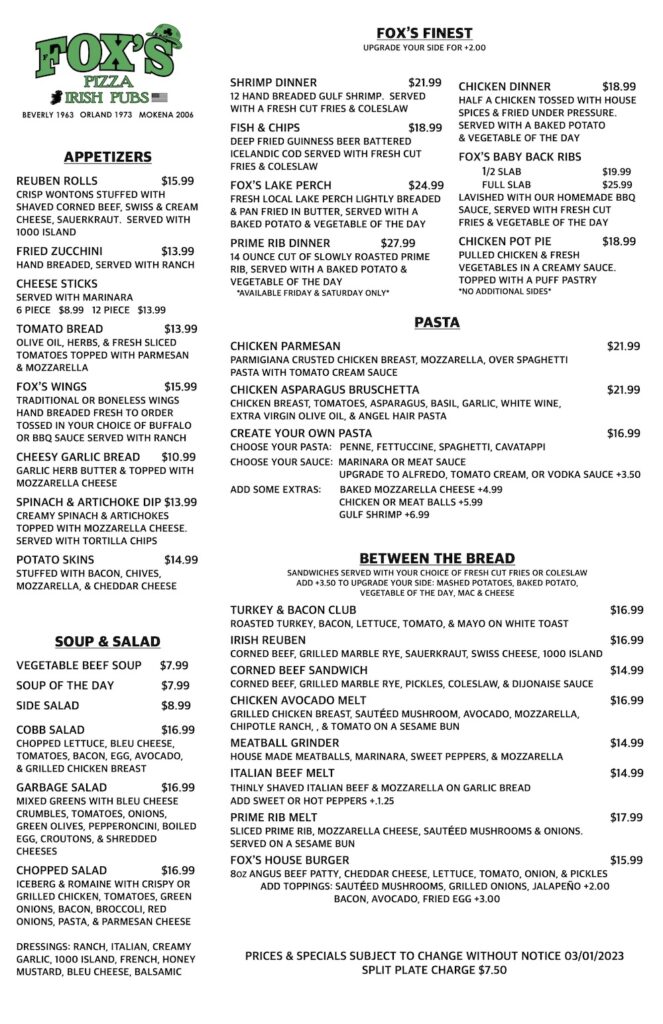 Orland Park Dinner Menu - Fox's Pizza and Irish Pub