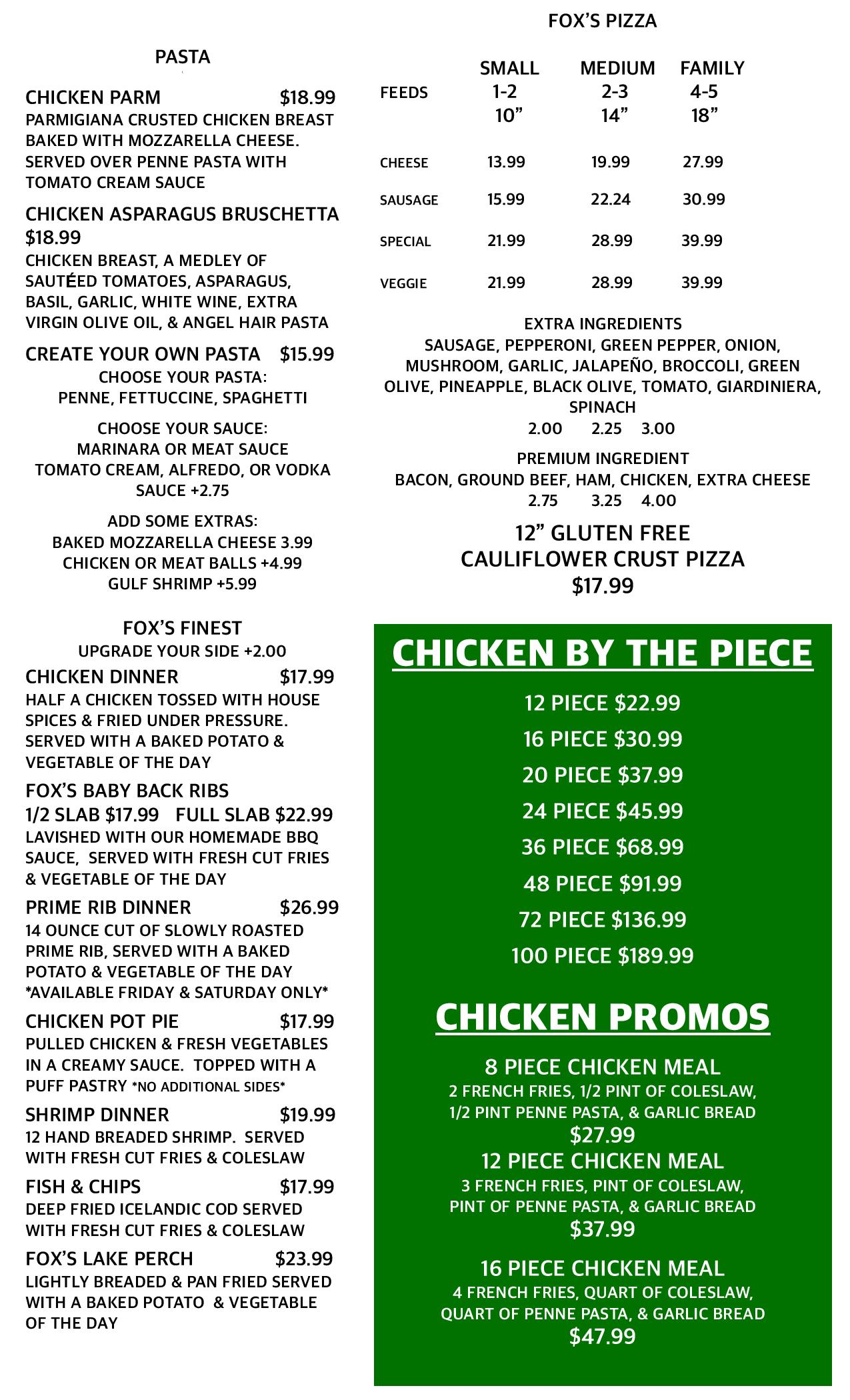 Mokena Carryout Menu Fox's Pizza and Irish Pub